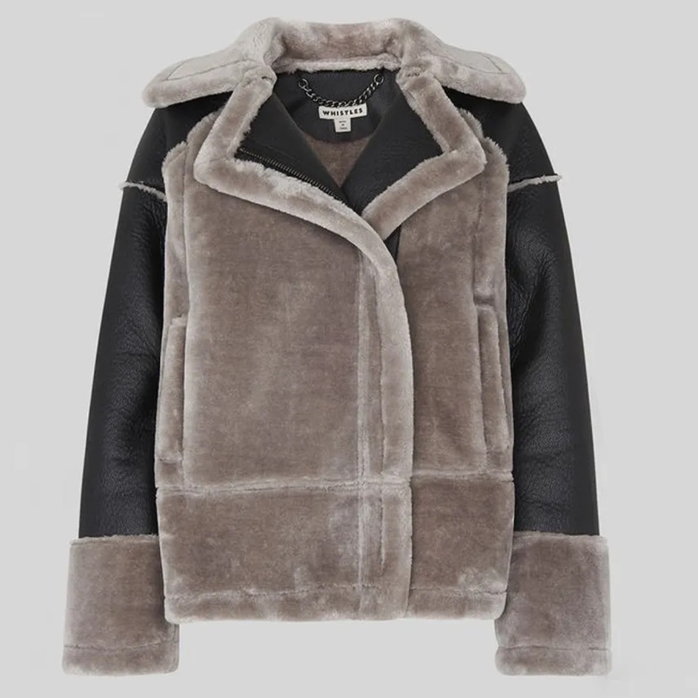 Whistles Faux Fur Biker Jacket in Grey & Black